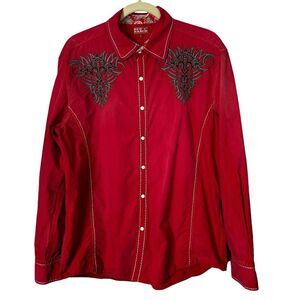 Red Ranch Shirt Mens Large Faded Red Pearl Snap Long Sleeve Cowboy Embroidered‎